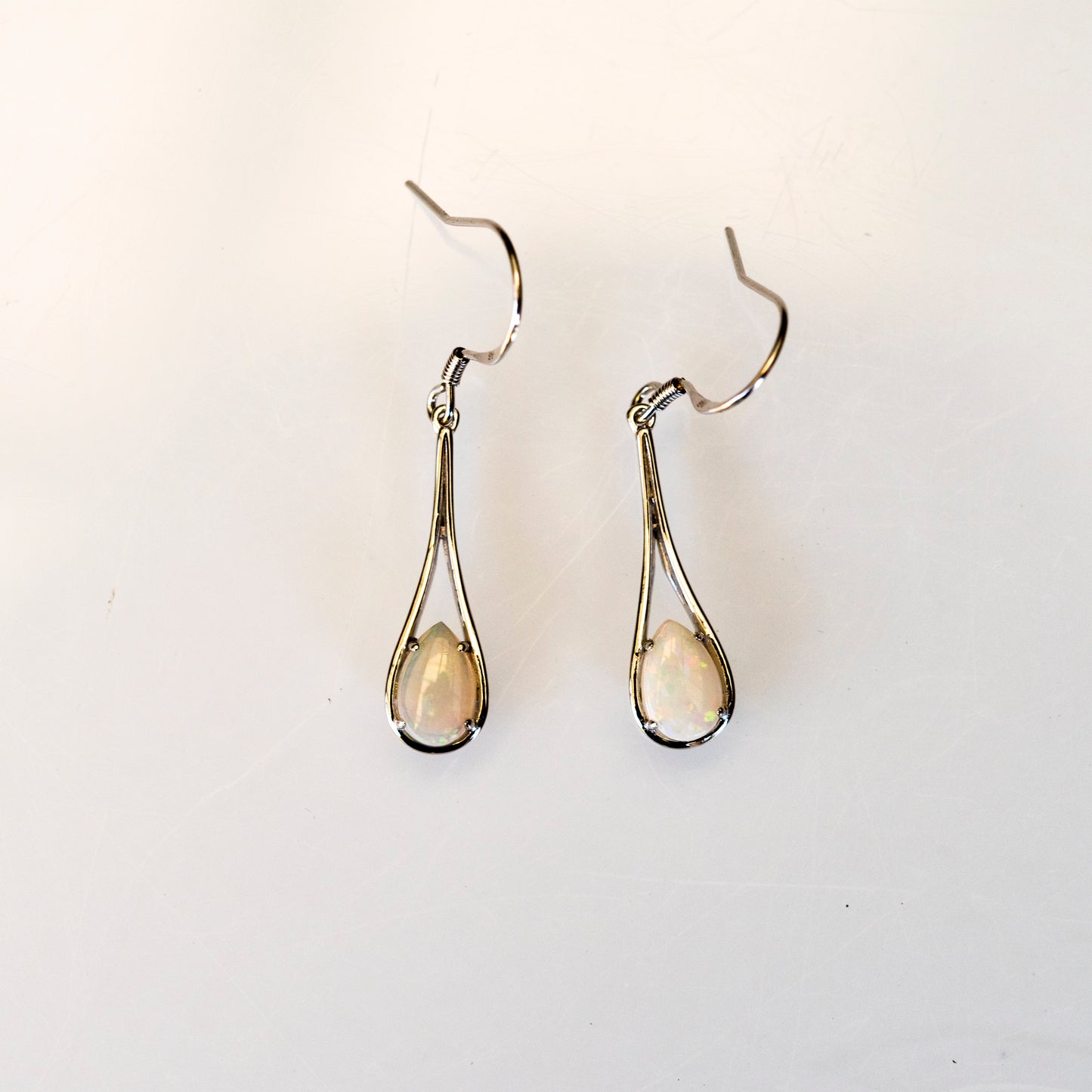 Genuine Australian Opal - Multi Color Fire Opal Earrings - Dangling Australian Solid White Opal Earrings in Sterling Silver White Gold Plated