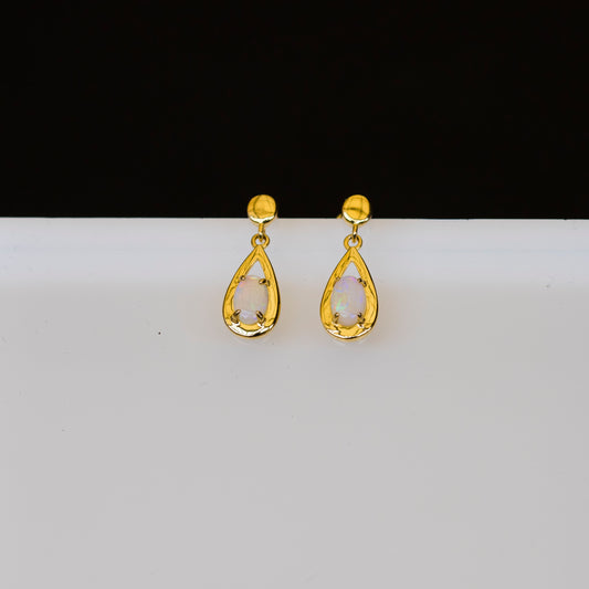 Australian White Opal - Multi Color Fire Opal Earrings - Australian Solid White Opal Earrings in Sterling Silver Yellow Gold Plated