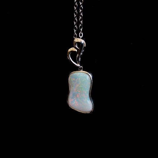 Australian Locally Made Crystal Opal Pendant - Genuine Authentic Multi Color Fire Opal Necklace - Solid Opal Gem Stone Pendant in Sterling Silver White Gold Plated