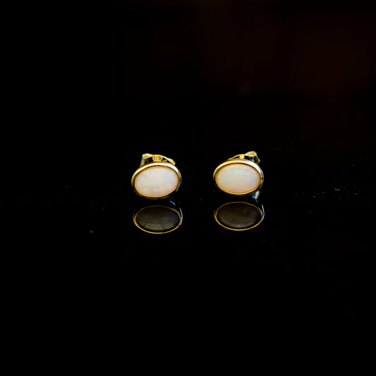 Australian Solid White Opal Earrings – Genuine Multi-Color Fire Opal in Sterling Silver with Yellow Gold Plating