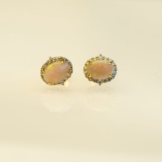 Luxury Australian Opal Earrings – Multi-Color Solid White Opals in Sterling Silver Yellow Gold Finish - Halo Cluster Design