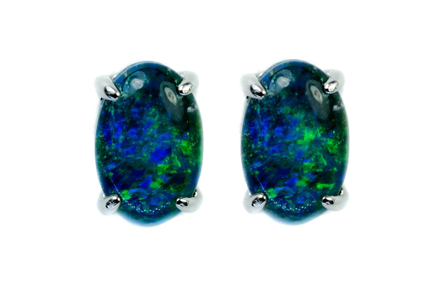 Australian Triplet Opal Earrings - Green Blue Simple Design Opal - Genuine Australian Triplet Opal Earrings in Sterling Silver White Gold Plated