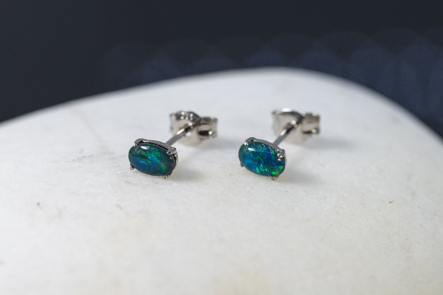 Australian Triplet Opal Earrings - Green Blue Simple Design Opal - Genuine Australian Triplet Opal Earrings in Sterling Silver White Gold Plated