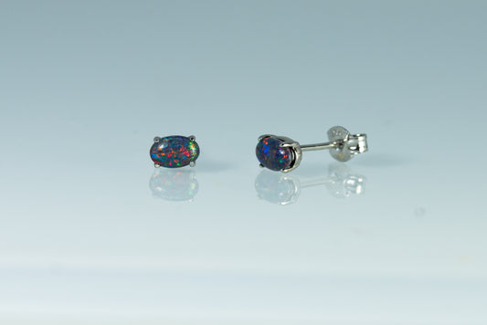 Dainty Australian Triplet Opal Earrings - Multi Color Fire Opal - Genuine Australian Triplet Opal Earrings in Sterling Silver White Gold Plated