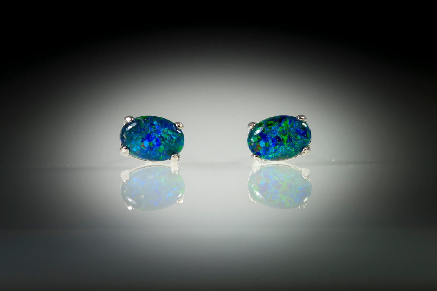 Australian Triplet Opal Earrings - Green Blue Simple Design Opal - Genuine Australian Triplet Opal Earrings in Sterling Silver White Gold Plated