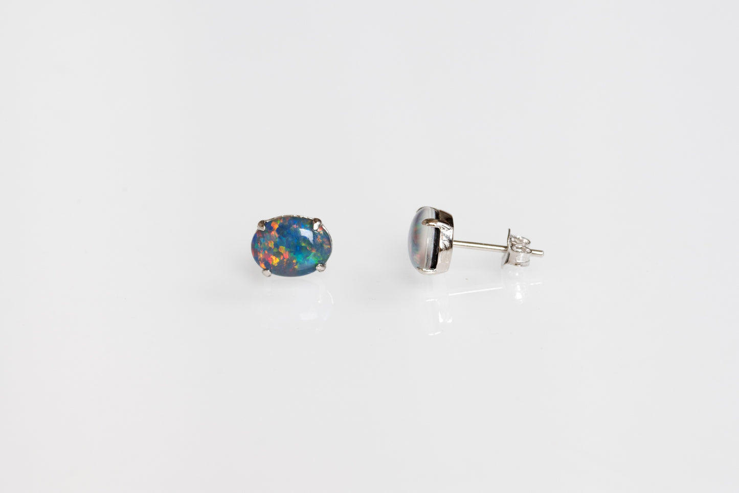 Australian Triplet Opal Earrings - Multi Color Simple Design  Fire Opal - Genuine Australian Triplet Opal Earrings in Sterling Silver White Gold Plated