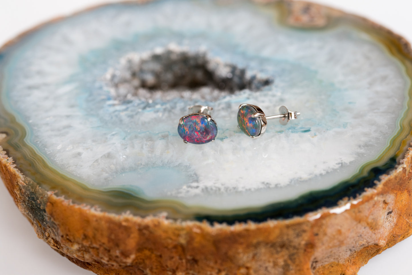 Australian Triplet Opal Earrings - Multi Color Simple Design  Fire Opal - Genuine Australian Triplet Opal Earrings in Sterling Silver White Gold Plated