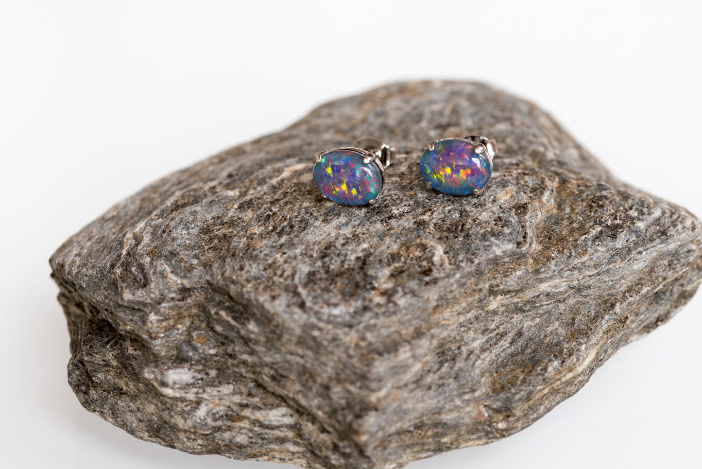 Australian Triplet Opal Earrings - Multi Color Simple Design  Fire Opal - Genuine Australian Triplet Opal Earrings in Sterling Silver White Gold Plated