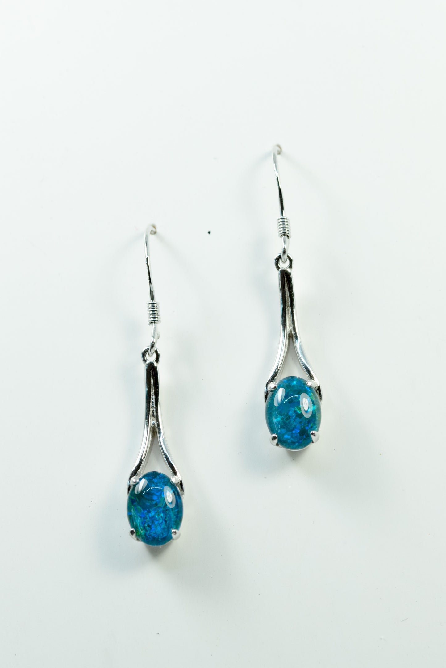 Australian Triplet Opal Earrings - Green Blue Fire Opal - Genuine Australian Triplet Opal Earrings in Sterling Silver White Gold Plated