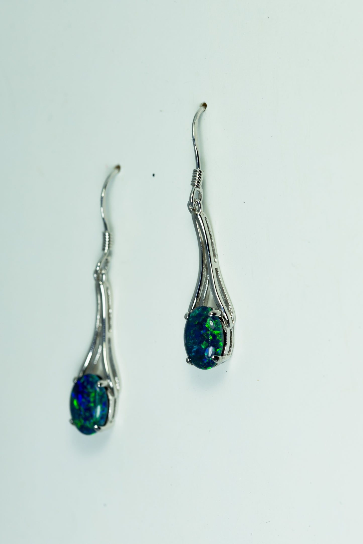 Australian Triplet Opal Earrings - Green Blue Fire Opal - Genuine Australian Triplet Opal Earrings in Sterling Silver White Gold Plated