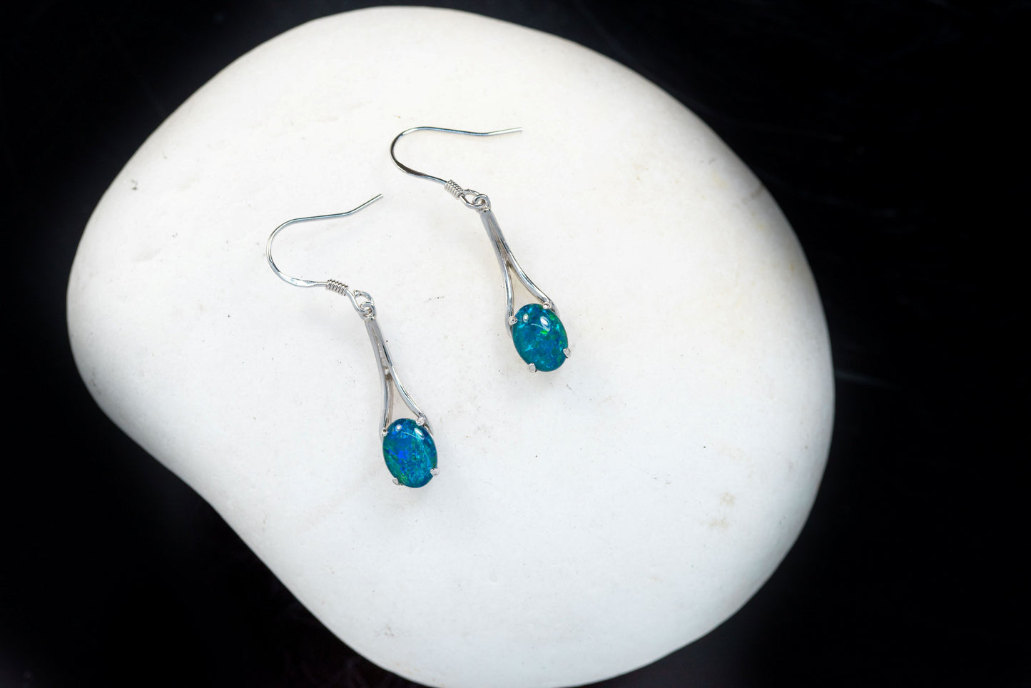 Australian Triplet Opal Earrings - Green Blue Fire Opal - Genuine Australian Triplet Opal Earrings in Sterling Silver White Gold Plated