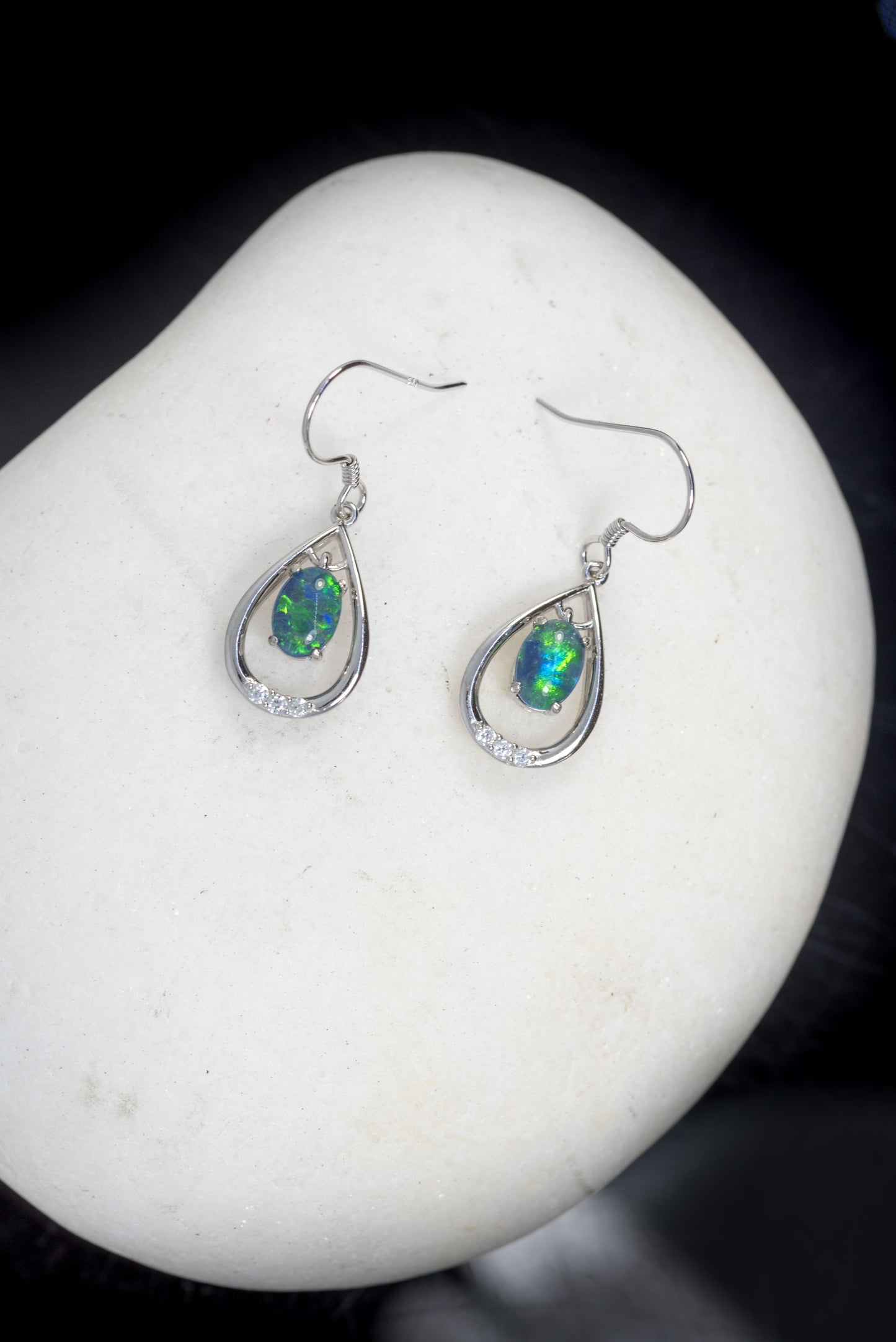 Australian Triplet Opal Earrings - Green Blue Fire Opal - Genuine Australian Triplet Opal Earrings in Sterling Silver White Gold Plated