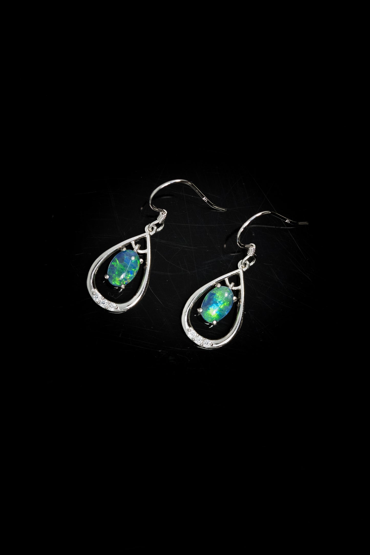Australian Triplet Opal Earrings - Green Blue Fire Opal - Genuine Australian Triplet Opal Earrings in Sterling Silver White Gold Plated