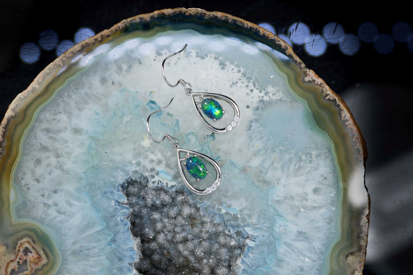 Australian Triplet Opal Earrings - Green Blue Fire Opal - Genuine Australian Triplet Opal Earrings in Sterling Silver White Gold Plated