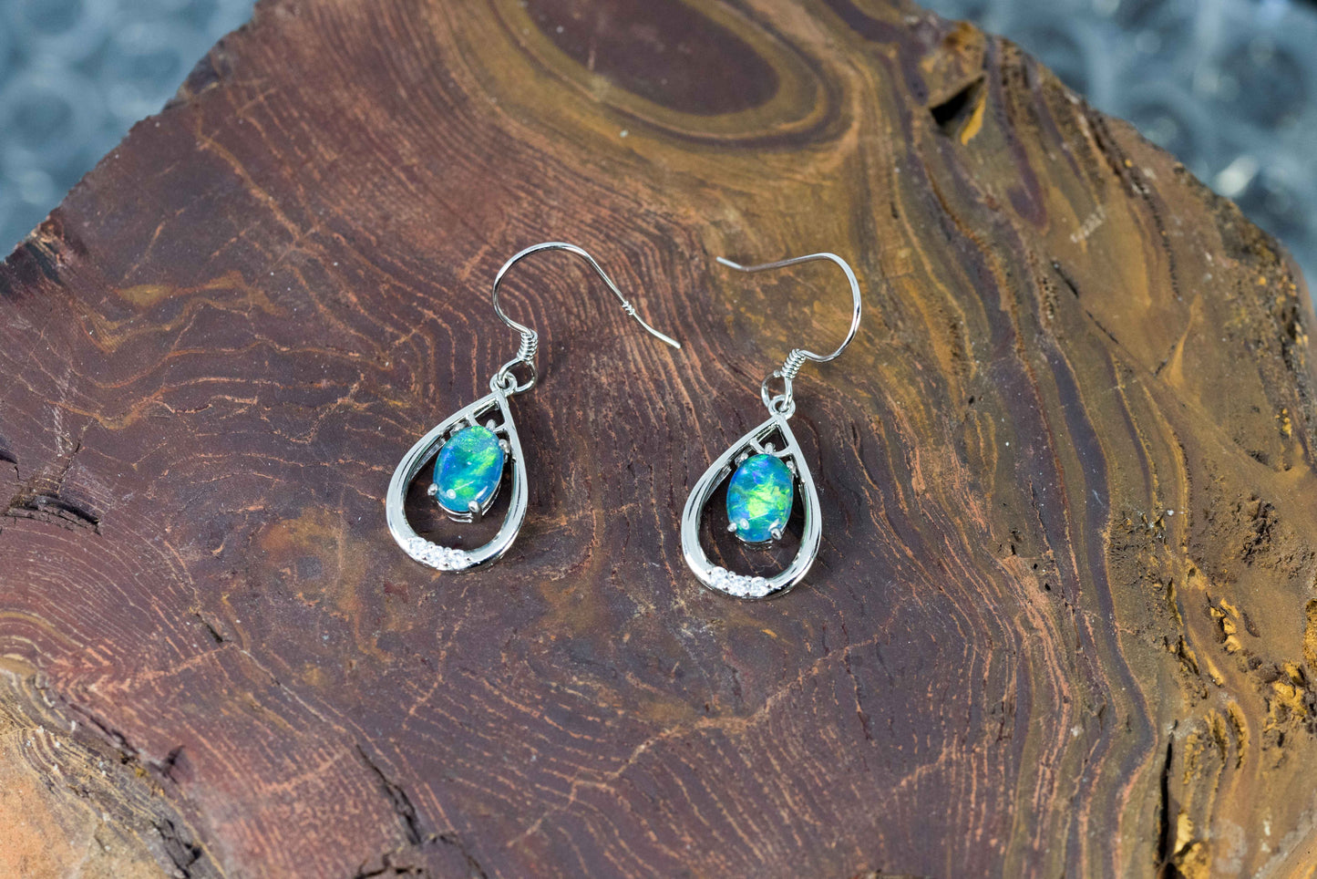 Australian Triplet Opal Earrings - Green Blue Fire Opal - Genuine Australian Triplet Opal Earrings in Sterling Silver White Gold Plated