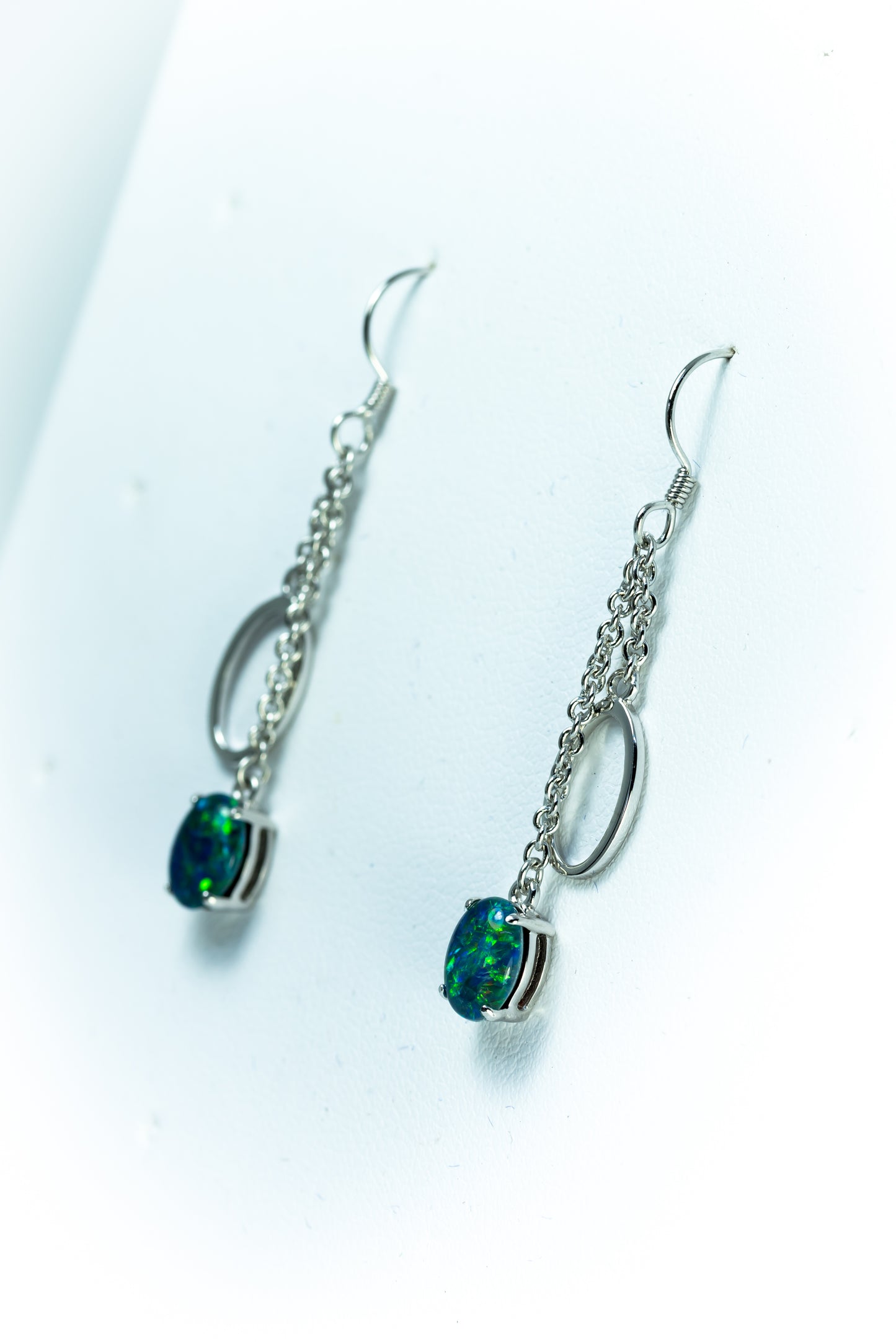 Australian Triplet Opal Earrings - Green Blue Fire Opal - Genuine Australian Triplet Opal Earrings in Sterling Silver White Gold Plated