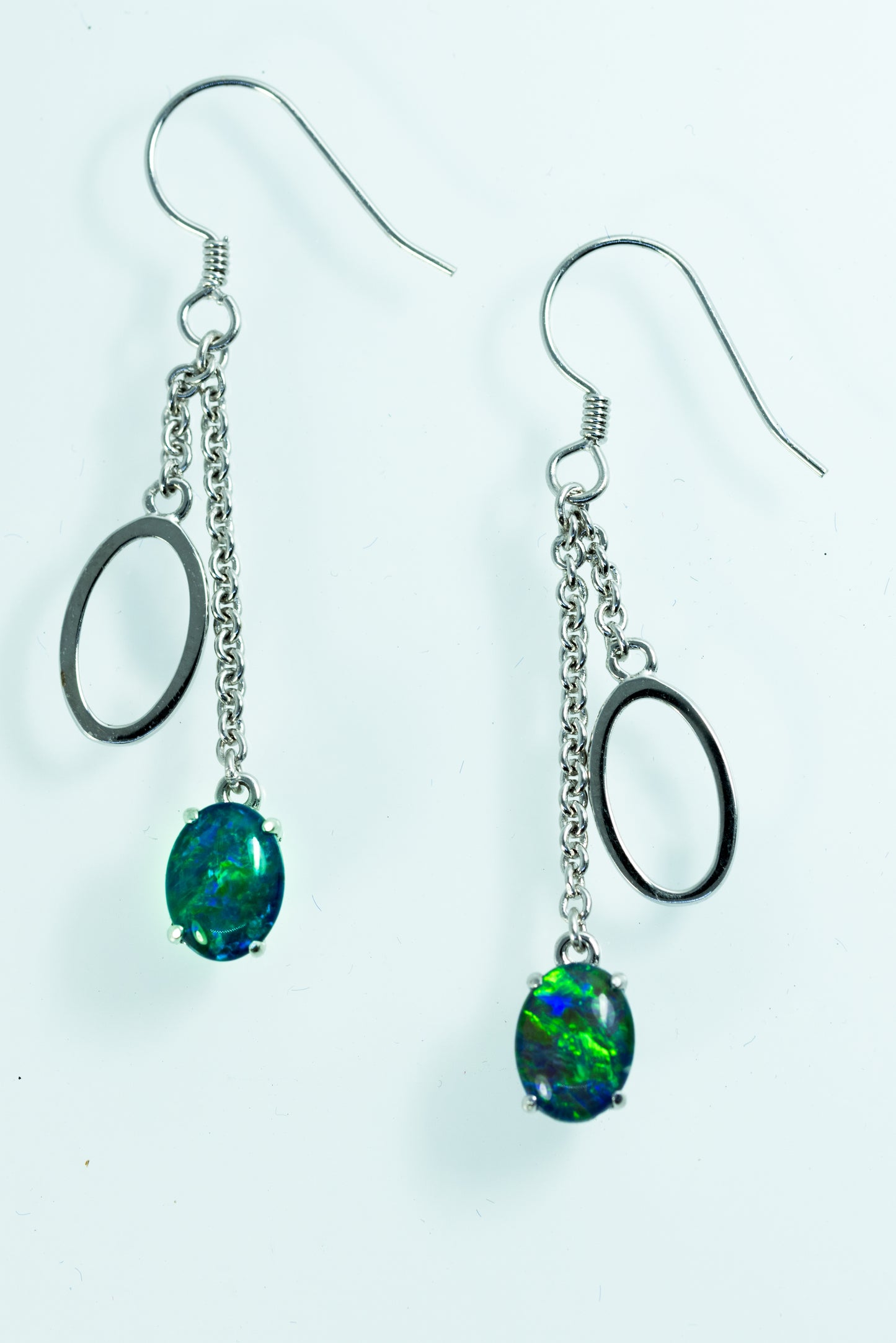 Australian Triplet Opal Earrings - Green Blue Fire Opal - Genuine Australian Triplet Opal Earrings in Sterling Silver White Gold Plated