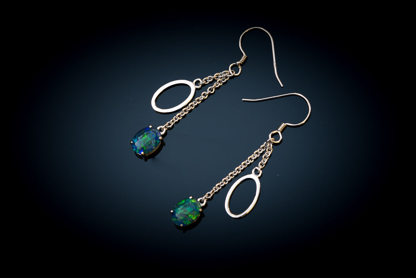 Australian Triplet Opal Earrings - Green Blue Fire Opal - Genuine Australian Triplet Opal Earrings in Sterling Silver White Gold Plated
