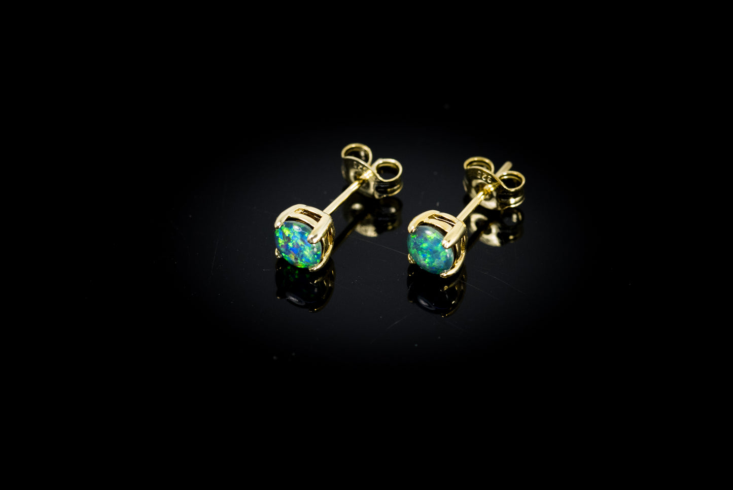Dainty Australian Triplet Opal Earrings - Green Blue Fire Opal - Genuine Australian Triplet Opal Earrings in Sterling Silver Yellow Gold Plated