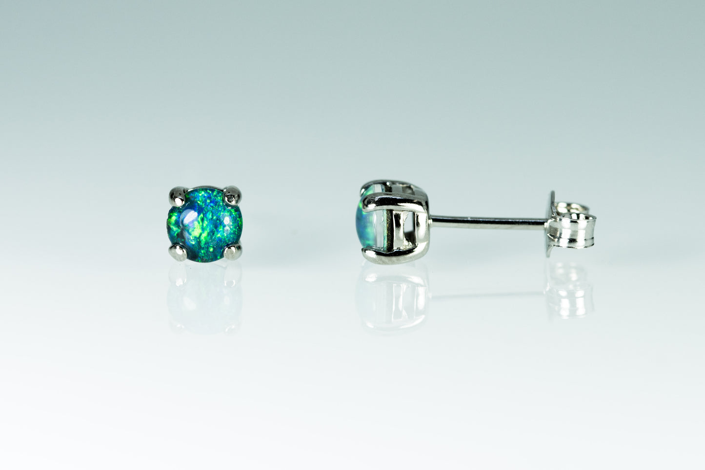 Dainty Australian Triplet Opal Earrings - Green Blue Fire Opal - Genuine Australian Triplet Opal Earrings in Sterling Silver White Gold Plated