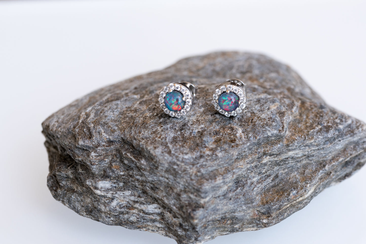 Australian Sparking Multi Color Triplet Opal Earrings in Sterling Silver White Gold-Plated, Halo Cluster Design