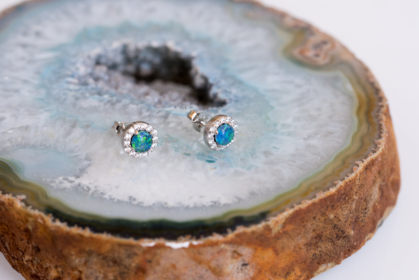 Australian Sparking Green Blue Triplet Opal Earrings in Sterling Silver White Gold-Plated, Halo Cluster Design