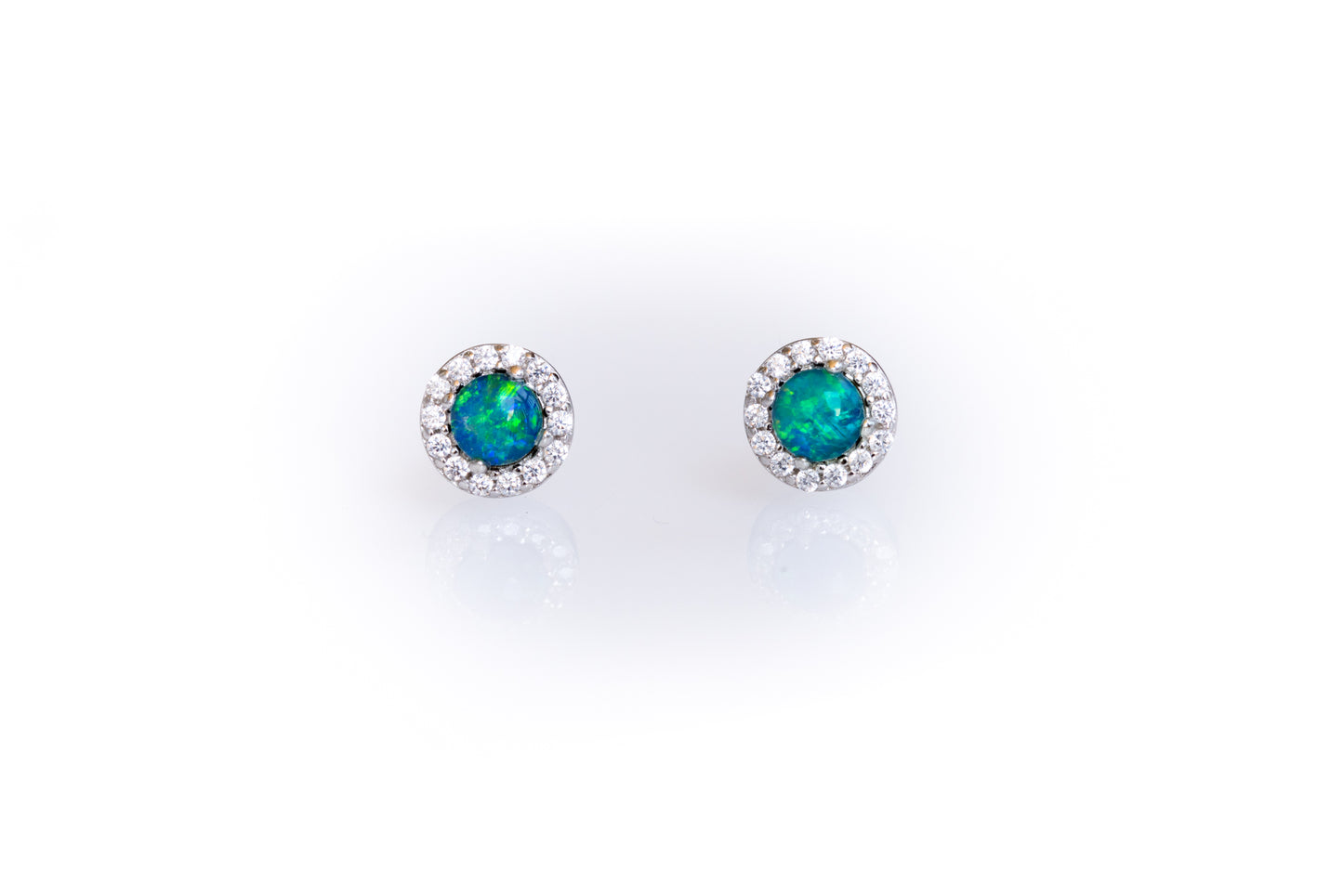Australian Sparking Green Blue Triplet Opal Earrings in Sterling Silver White Gold-Plated, Halo Cluster Design