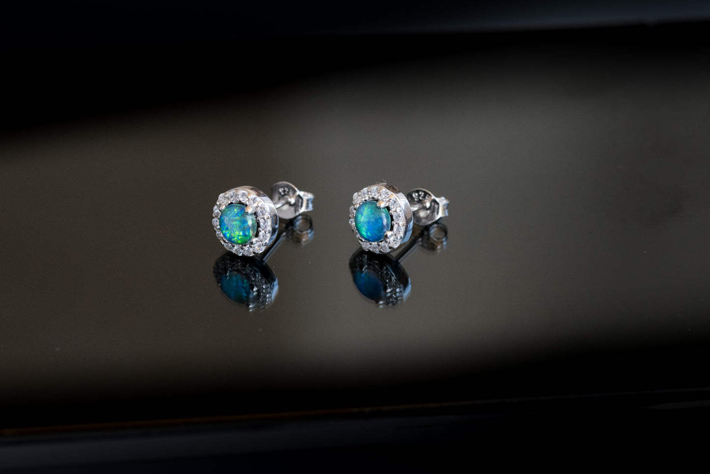 Australian Sparking Green Blue Triplet Opal Earrings in Sterling Silver White Gold-Plated, Halo Cluster Design