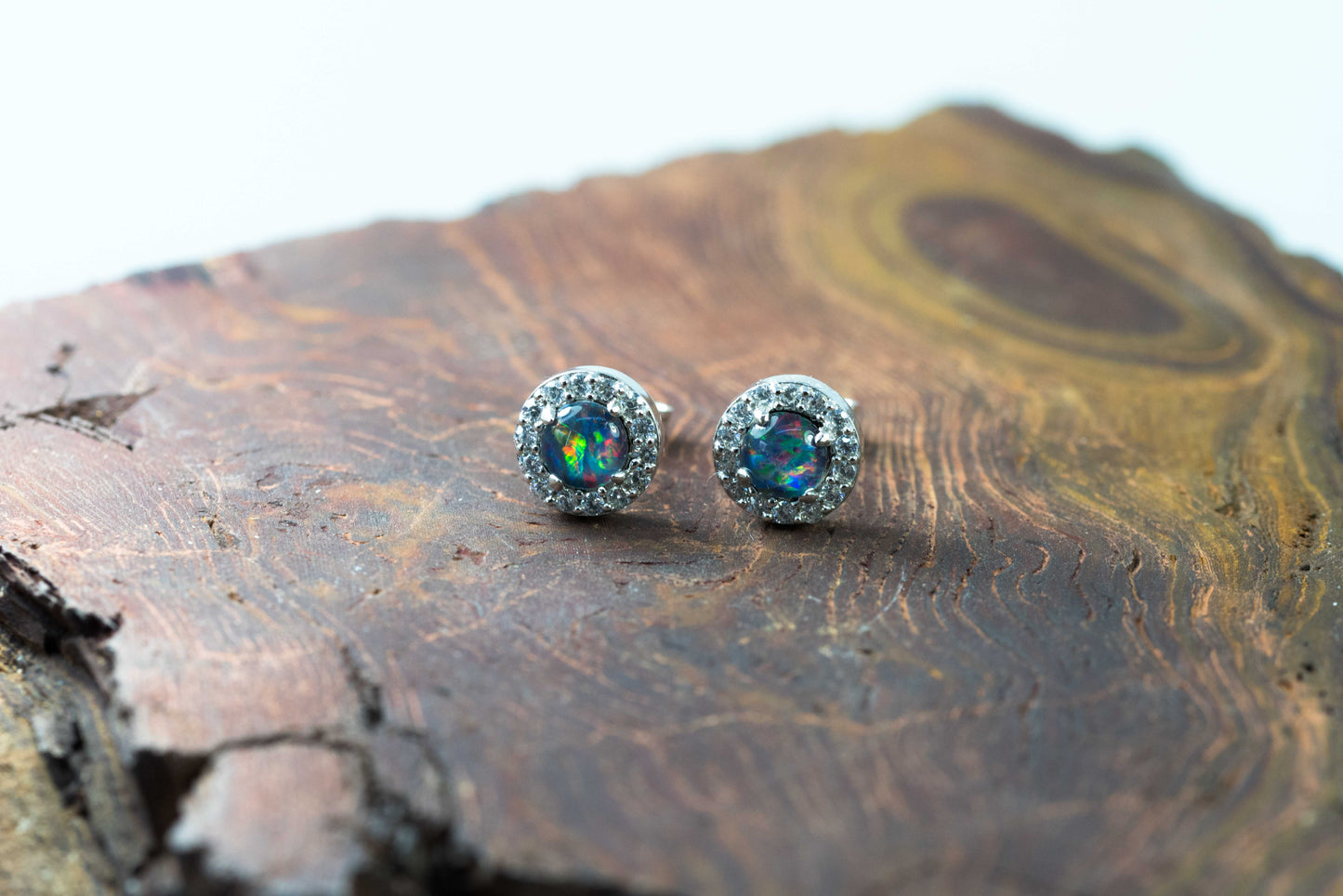 Australian Sparking Multi Color Triplet Opal Earrings in Sterling Silver White Gold-Plated, Halo Cluster Design