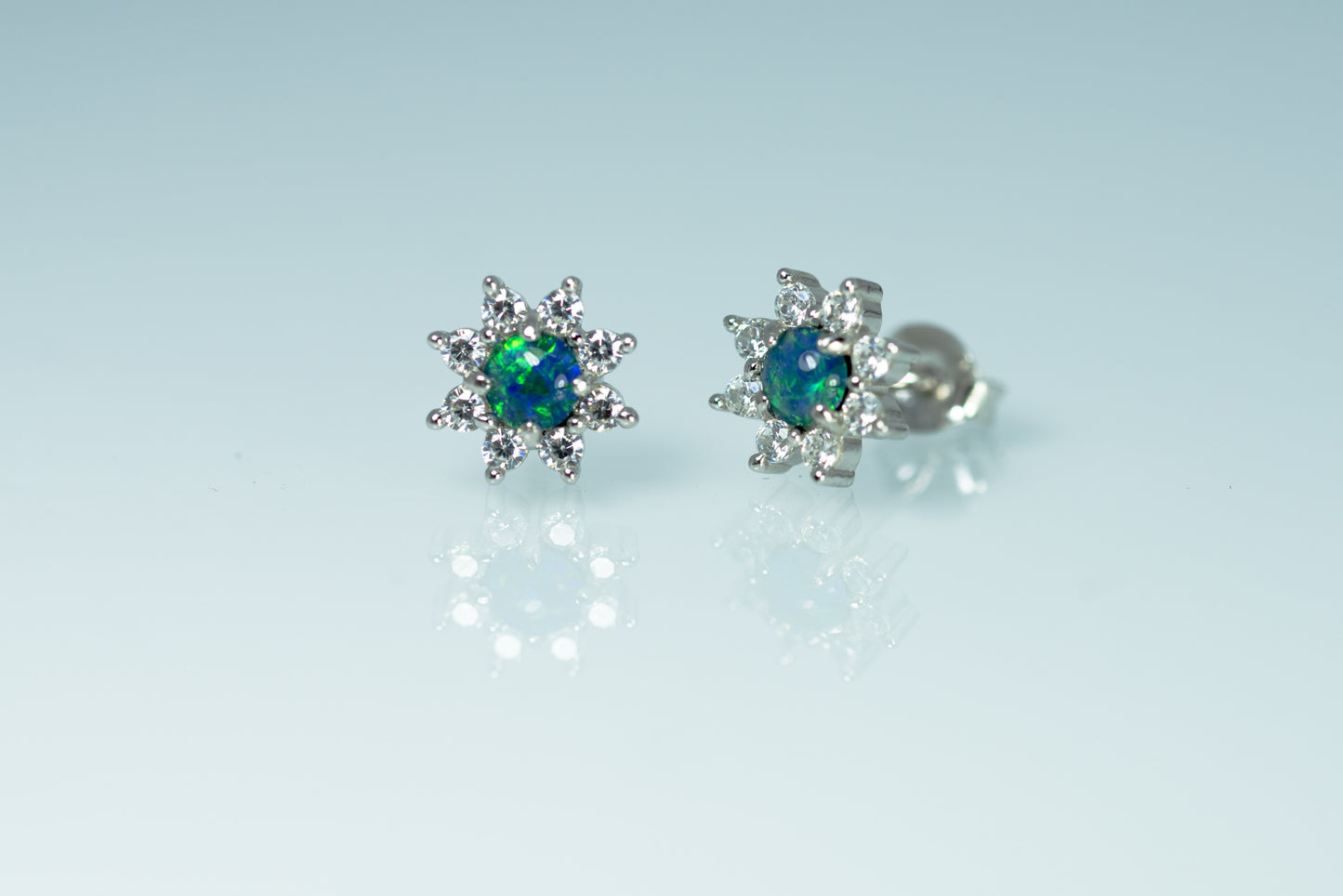 Daisy Design Australian Opal Earrings - Green Blue Fire Triplet Opal in Sterling Silver White Gold Plated