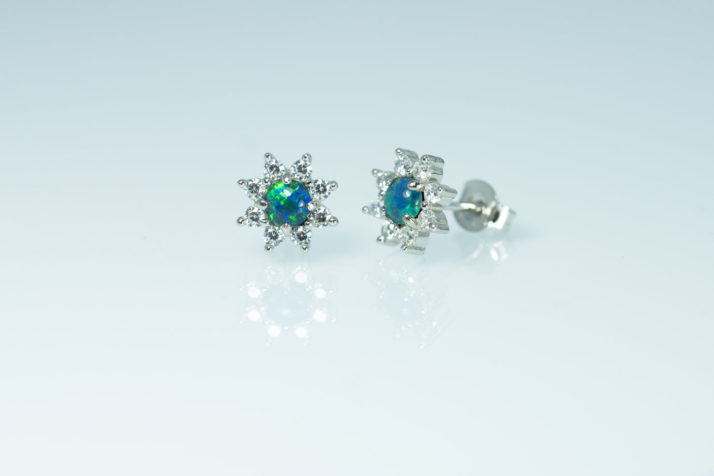 Daisy Design Australian Opal Earrings - Green Blue Fire Triplet Opal in Sterling Silver White Gold Plated