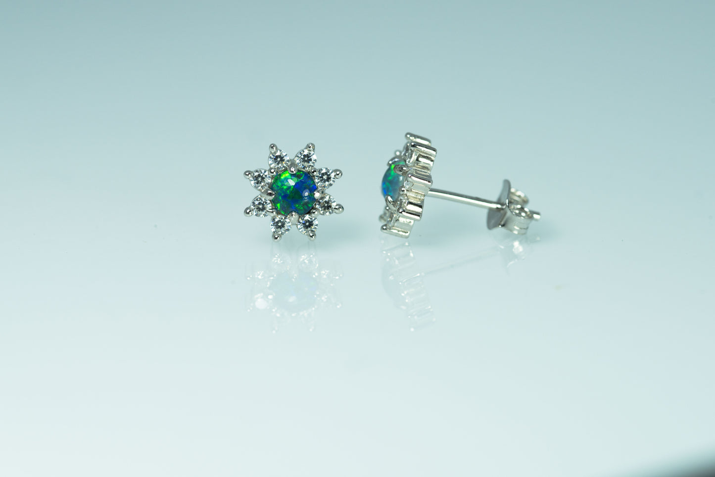 Daisy Design Australian Opal Earrings - Green Blue Fire Triplet Opal in Sterling Silver White Gold Plated