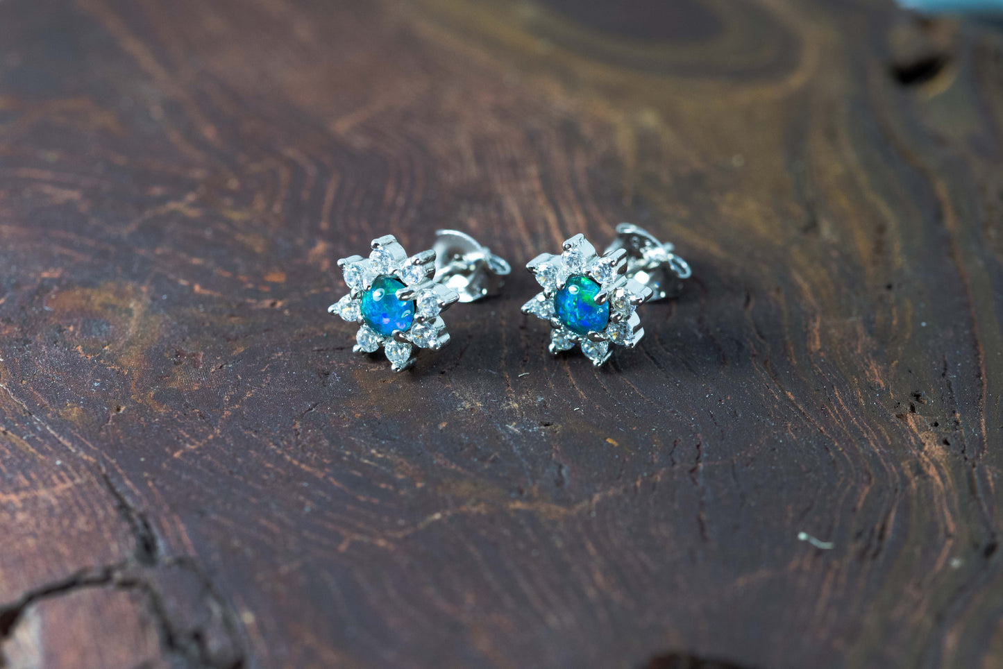 Daisy Design Australian Opal Earrings - Green Blue Fire Triplet Opal in Sterling Silver White Gold Plated