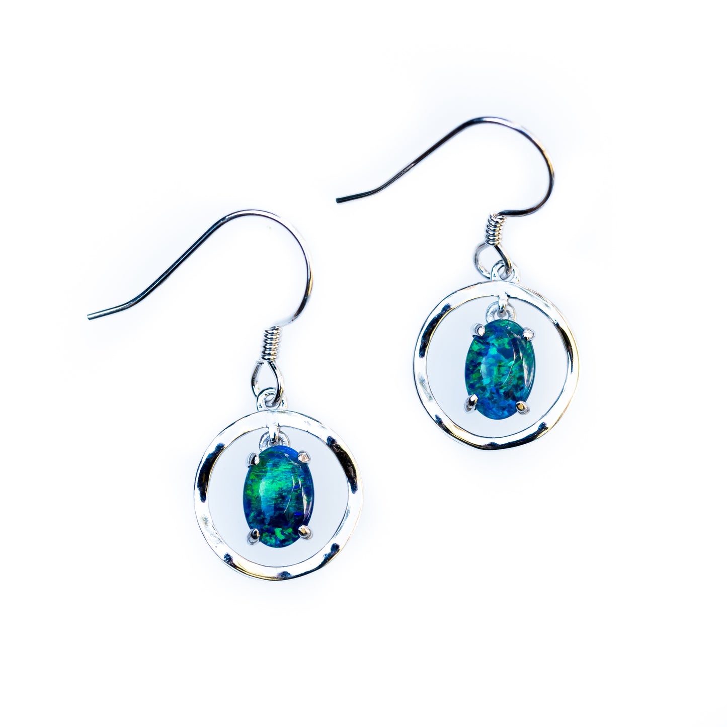 Australian Triplet Opal Earrings - Green Blue Fire Opal - Genuine Australian Triplet Opal Earrings in Sterling Silver White Gold Plated