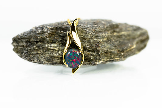 Australian Black Opal Triplet - Genuine Australian Triplet Opal Necklace Pendant - Yellow Gold Plated on Sterling Silver Women's Jewelry - Contemporary Design