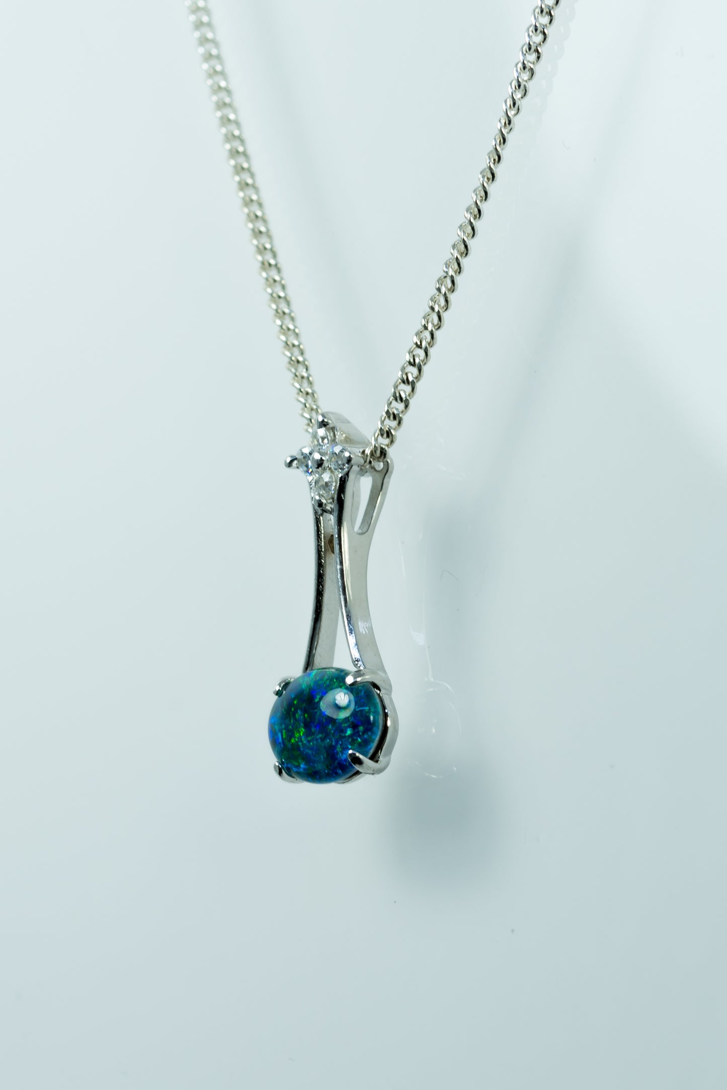 Australia Triplet Opal Necklace - Blue Green Fire Opal Necklace - Genuine Australian Triplet Opal - Sterling Silver White Gold Plated