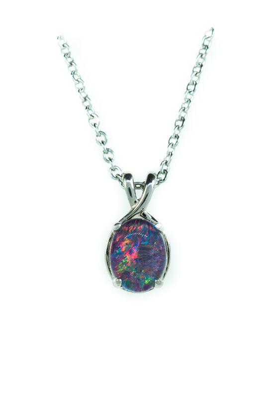 Danity Australia Triplet Opal Necklace - Multi Color Pendant - Genuine Australian Triplet Opal Necklace Pendant in Sterling Silver White Gold Plated
