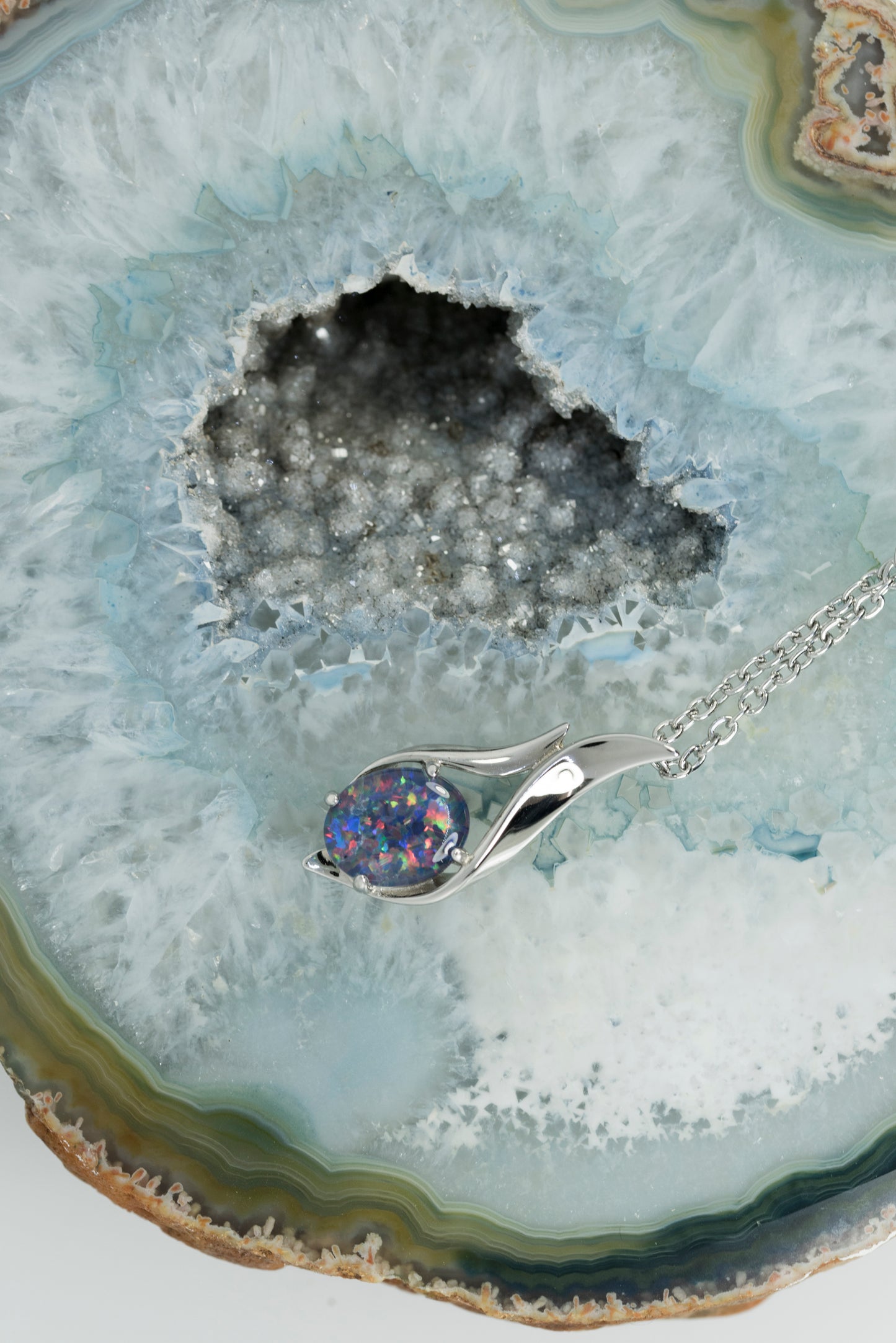 Australian Black Opal Triplet - Genuine Australian Triplet Opal Necklace Pendant - White Gold Plated on Sterling Silver Women's Jewelry