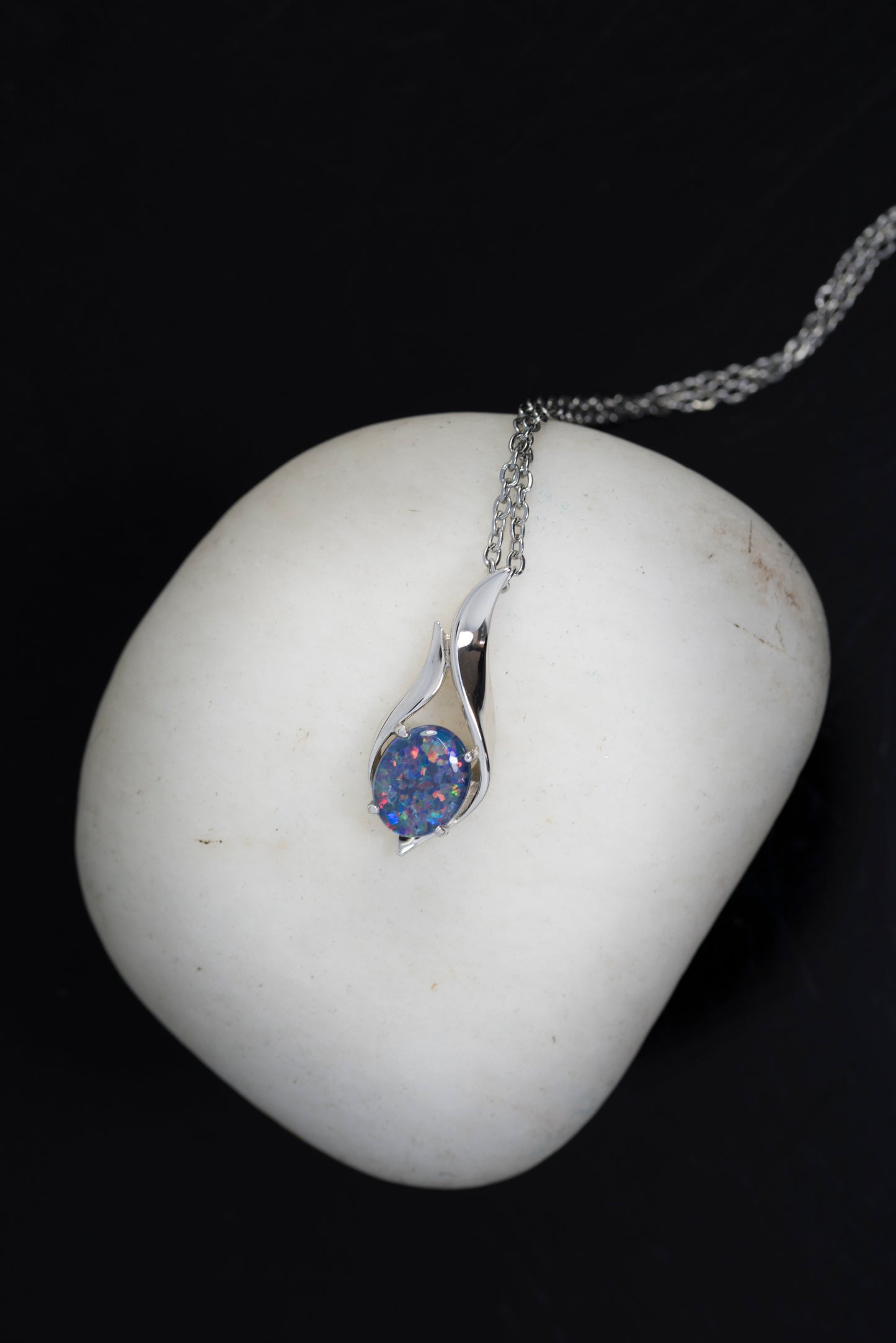 Australian Black Opal Triplet - Genuine Australian Triplet Opal Necklace Pendant - White Gold Plated on Sterling Silver Women's Jewelry