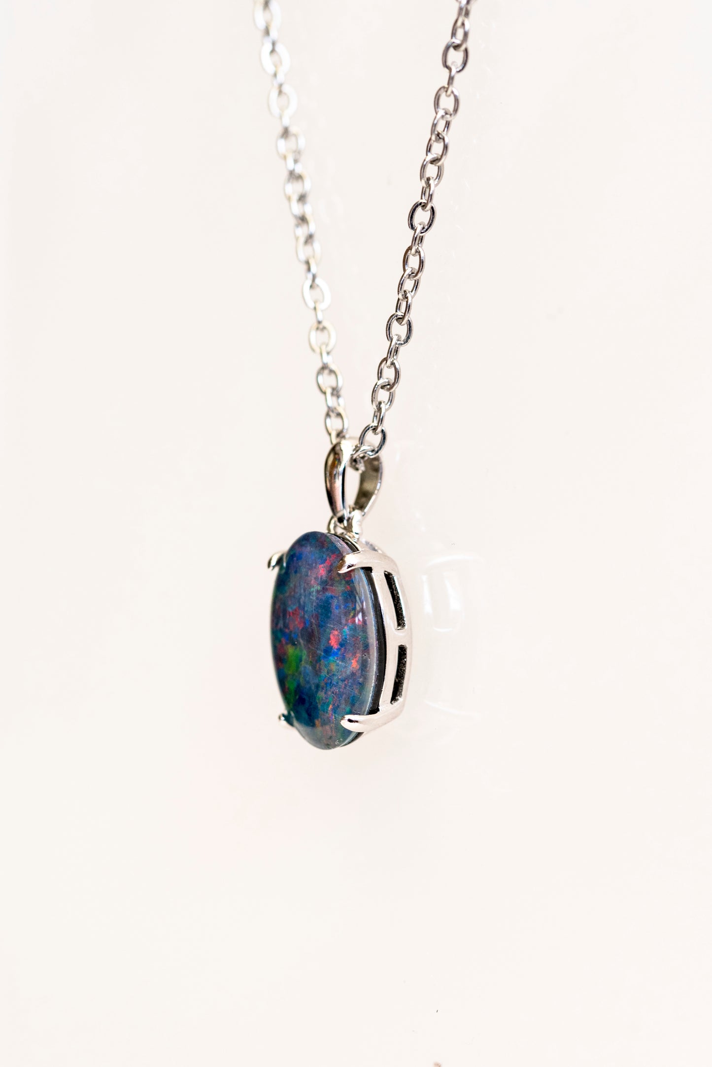 Authentic Australia Triplet Opal - Multi Color Fire Opal Necklace - Genuine Australian Triplet Opal Necklace Pendant in Sterling Silver White Gold Plated for Women - Simple Oval Design