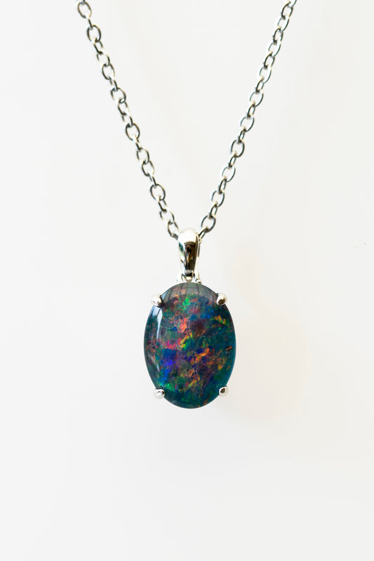 Authentic Australia Triplet Opal - Multi Color Fire Opal Necklace - Genuine Australian Triplet Opal Necklace Pendant in Sterling Silver White Gold Plated for Women - Simple Oval Design