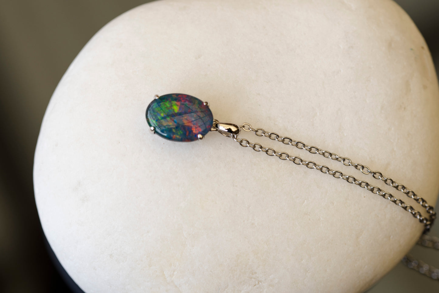 Authentic Australia Triplet Opal - Multi Color Fire Opal Necklace - Genuine Australian Triplet Opal Necklace Pendant in Sterling Silver White Gold Plated for Women - Simple Oval Design