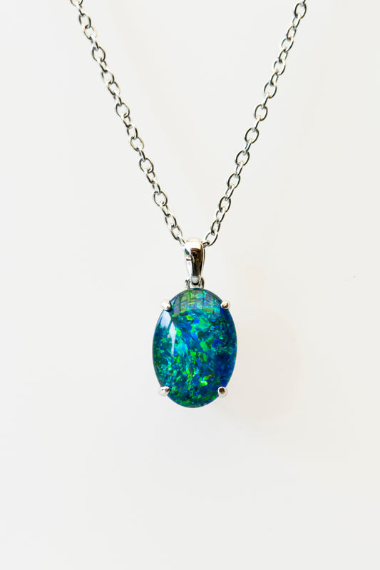 Genuine Australia Triplet Opal Pendant - Fire Opal Necklace - Simple Design in Blue Green Color - Simple Oval Design - Sterling Silver White Gold Plated