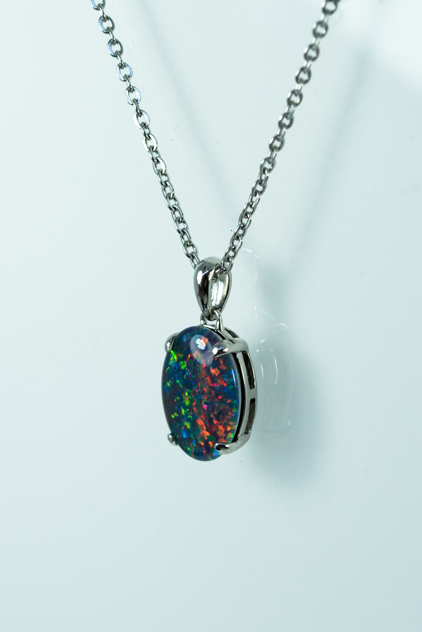 Authentic Australia Triplet Opal - Multi Color Fire Opal Necklace - Genuine Australian Triplet Opal Necklace Pendant in Sterling Silver White Gold Plated for Women - Simple Oval Design