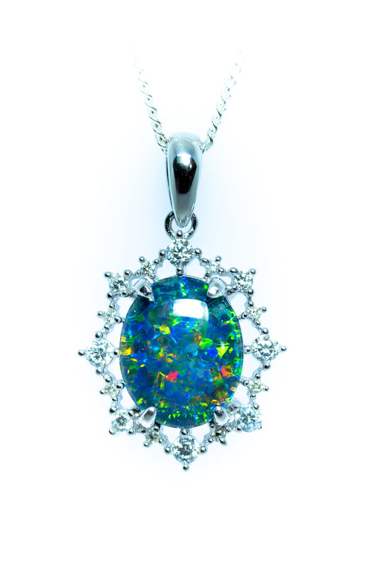 Australian Triplet Opal in Halo Cluster Design - Green Blue Fire Opal - Genuine Australian Triplet Opal Necklace Pendant in Sterling Silver White Gold Plated