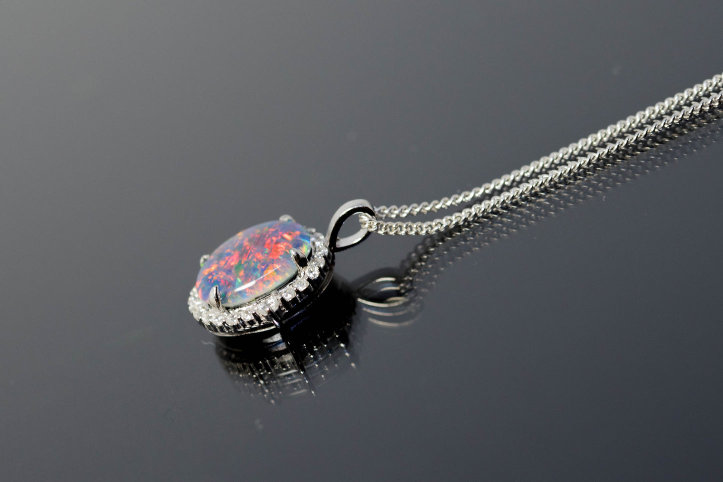Australian Opal Halo Cluster Luxury Design - Multi Color Fire Opal Necklace - Sterling Silver White Gold Plating - Multi Color Gem Stone