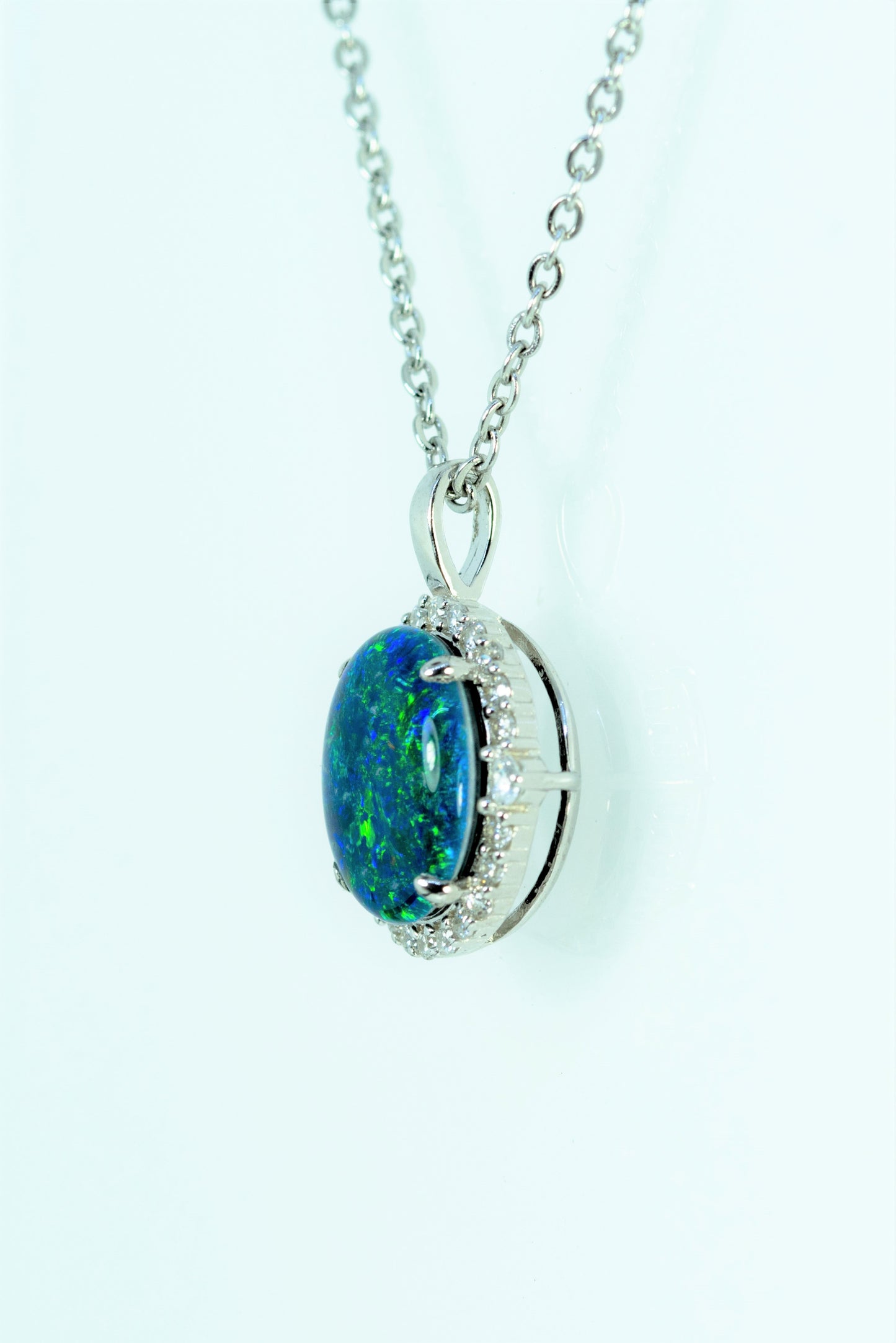 Australian Opal Halo Cluster Luxury Design - Multi Color Fire Opal Necklace - Sterling Silver White Gold Plating - Green Blue Gem Stone