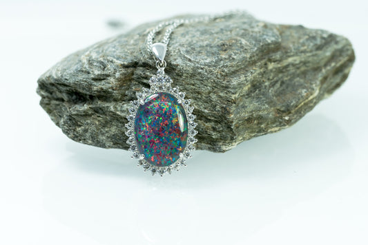 Large Australian Opal - Halo Cluster Multi Color Fire Opal Necklace - Genuine Australian Triplet Opal Necklace Pendant in Sterling Silver White Gold Plated