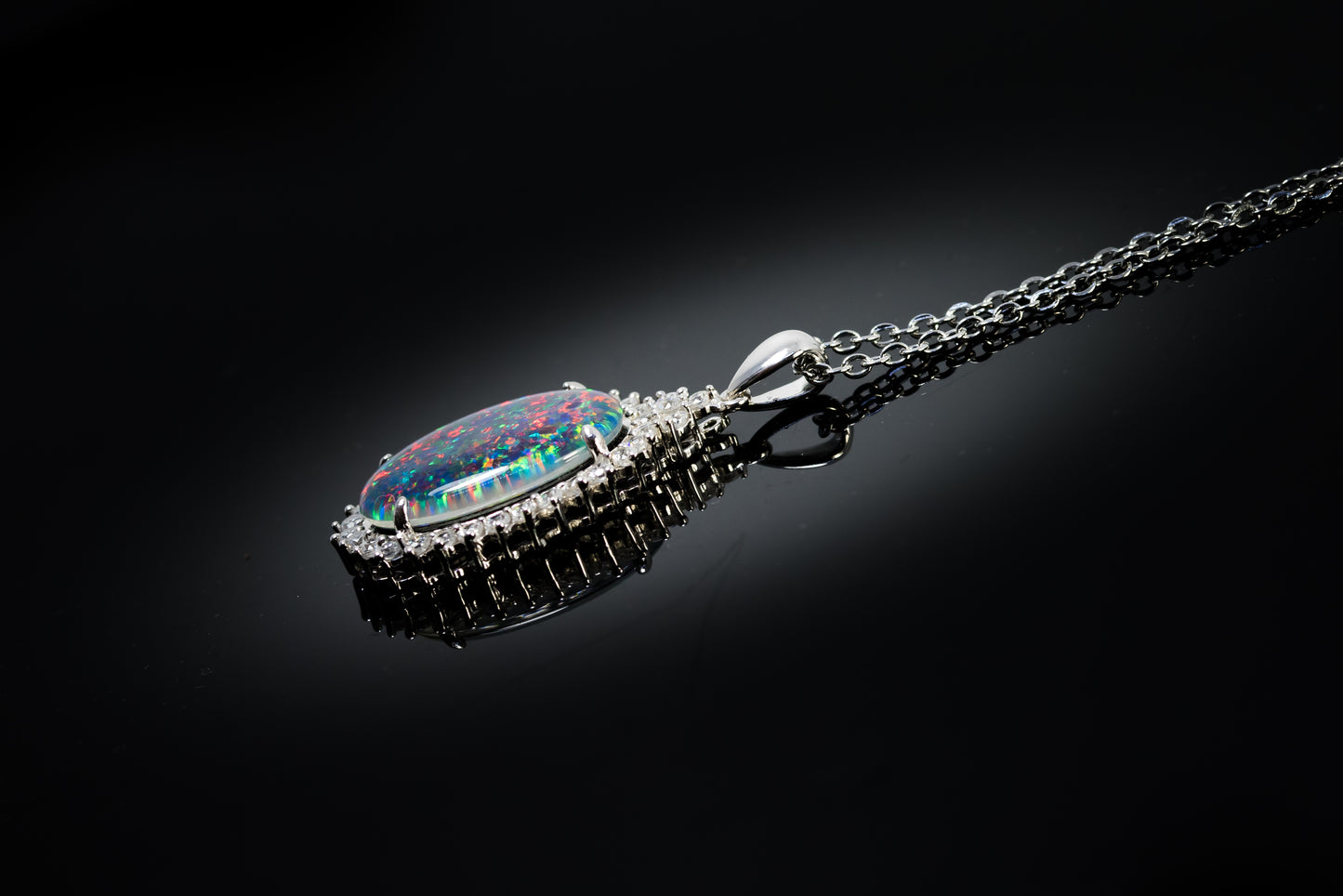 Large Australian Opal - Halo Cluster Multi Color Fire Opal Necklace - Genuine Australian Triplet Opal Necklace Pendant in Sterling Silver White Gold Plated