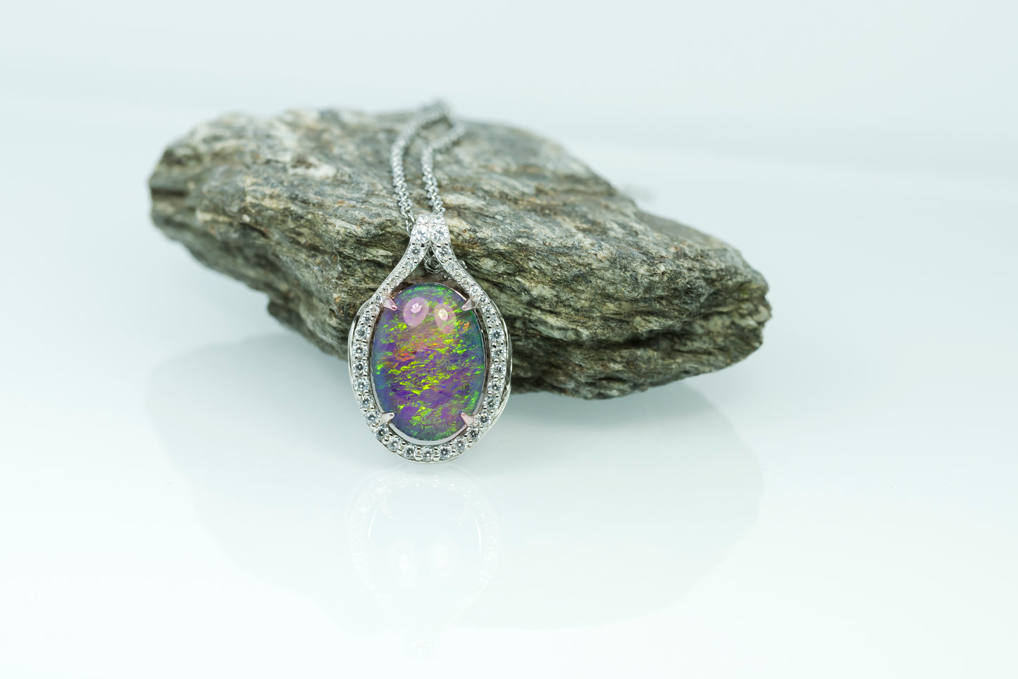 Large Australian Opal - Halo Cluster Multi Color Fire Opal Necklace - Luxury Australian Triplet Opal Pendant in Sterling Silver White Gold Plated